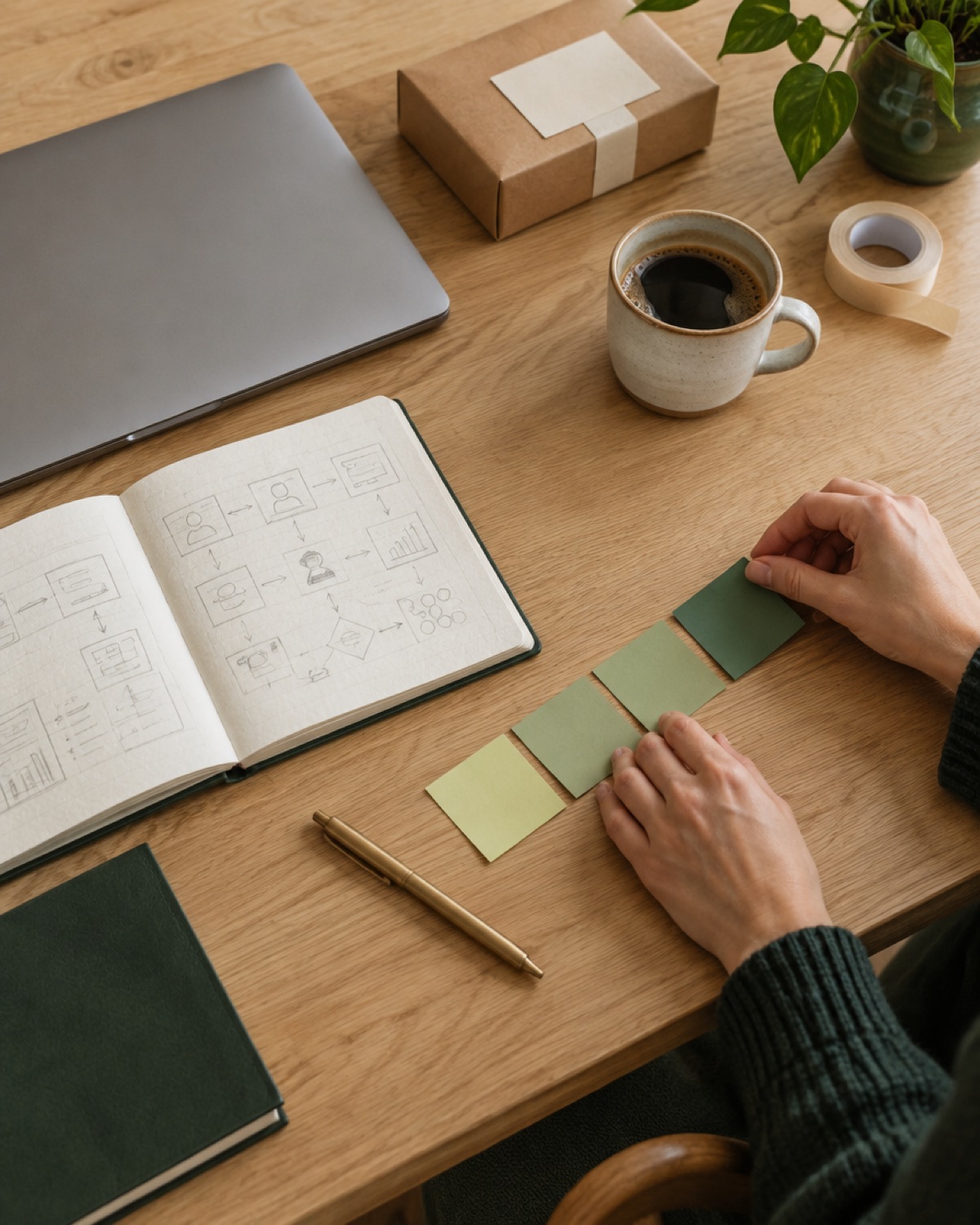 Illustration: a notebook with a work plan, a laptop and a parcel on a desk