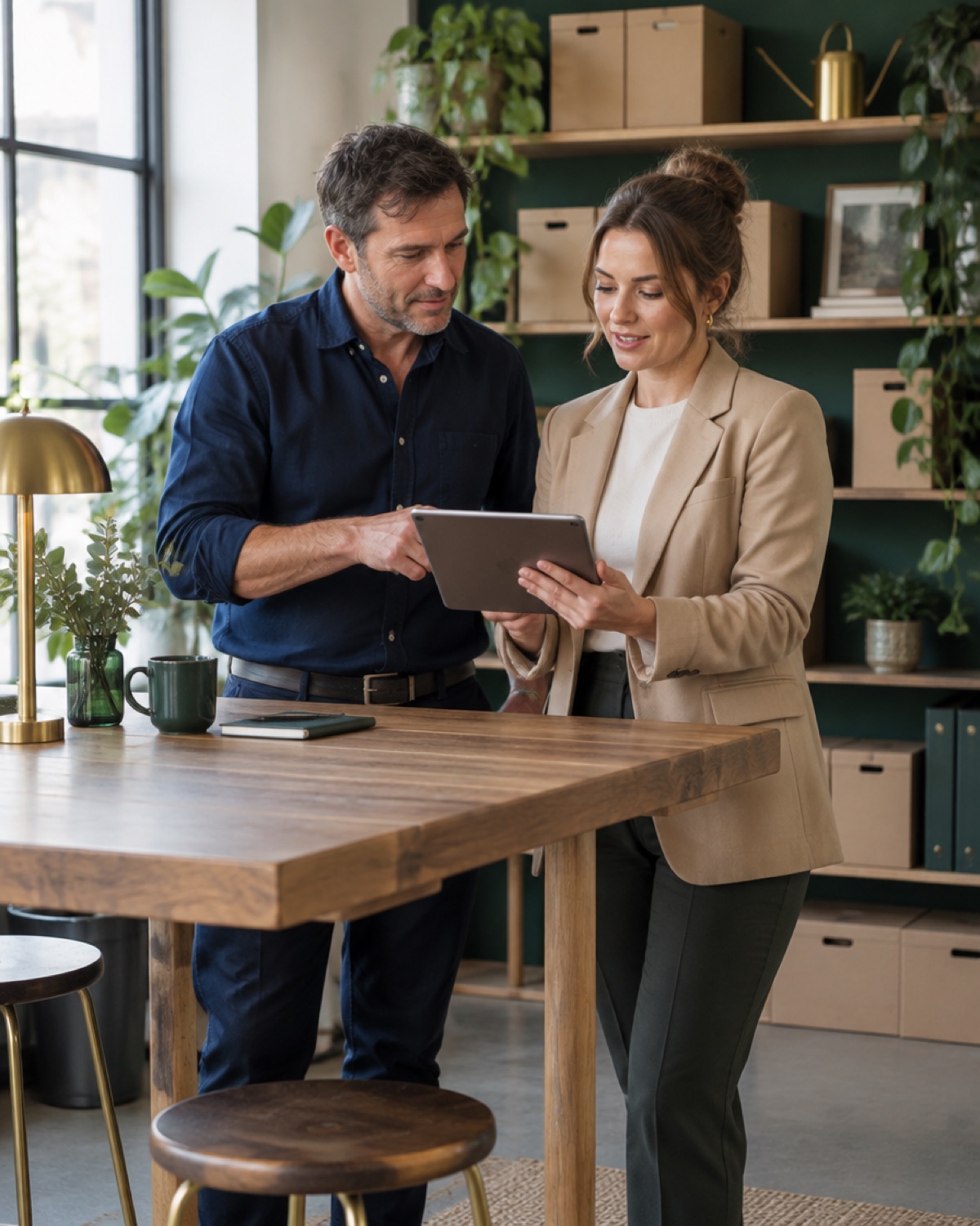 Illustration: two people discussing a work plan at a table